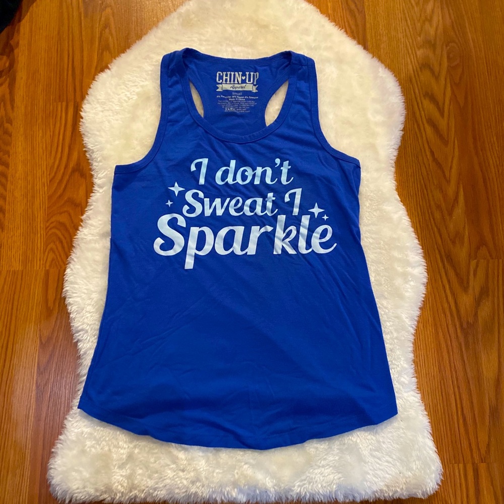 Blue “I don’t sweat I sparkle” ✨ workout tank top